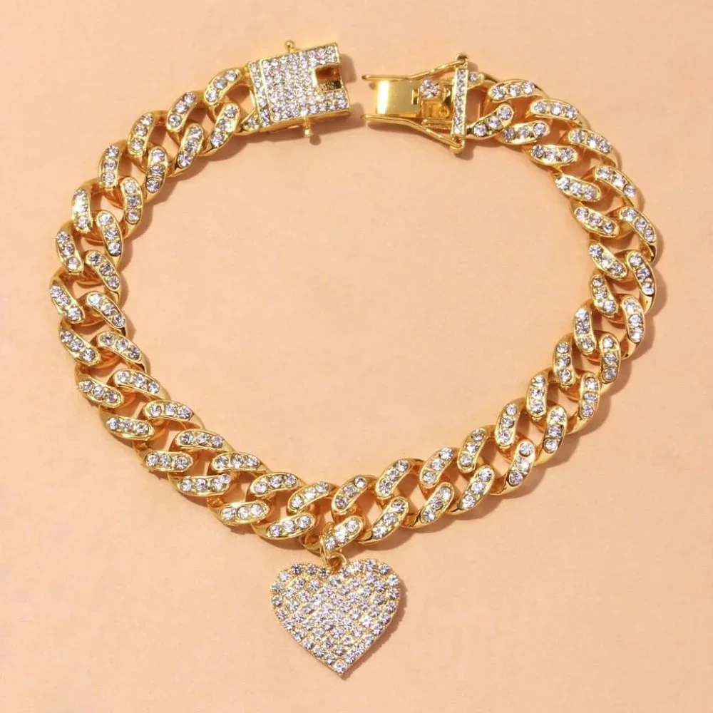 Chunky Miami Heart Shaped Cuban Link Foot Chain Anklet Bracelet Rhinestone - Picture 6 of 6